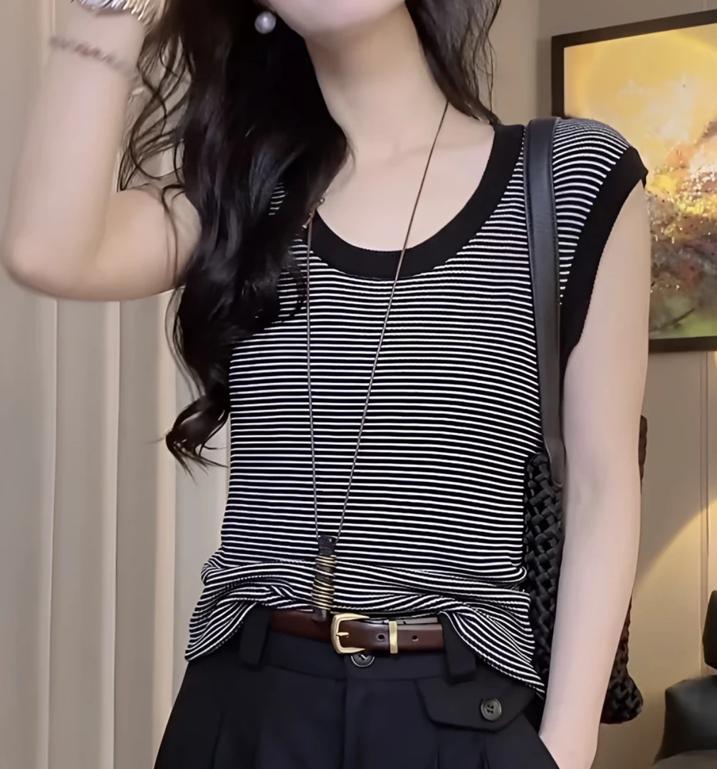 【品质高级感】莱赛尔U领细条纹背心松弛感新款夏季百搭针织衫