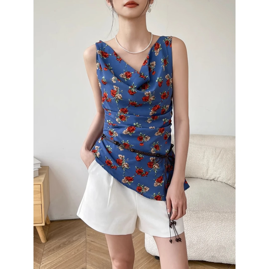 蓝色雪纺碎花吊带背心女夏外穿不规则法式内搭无袖打底上衣时尚感
