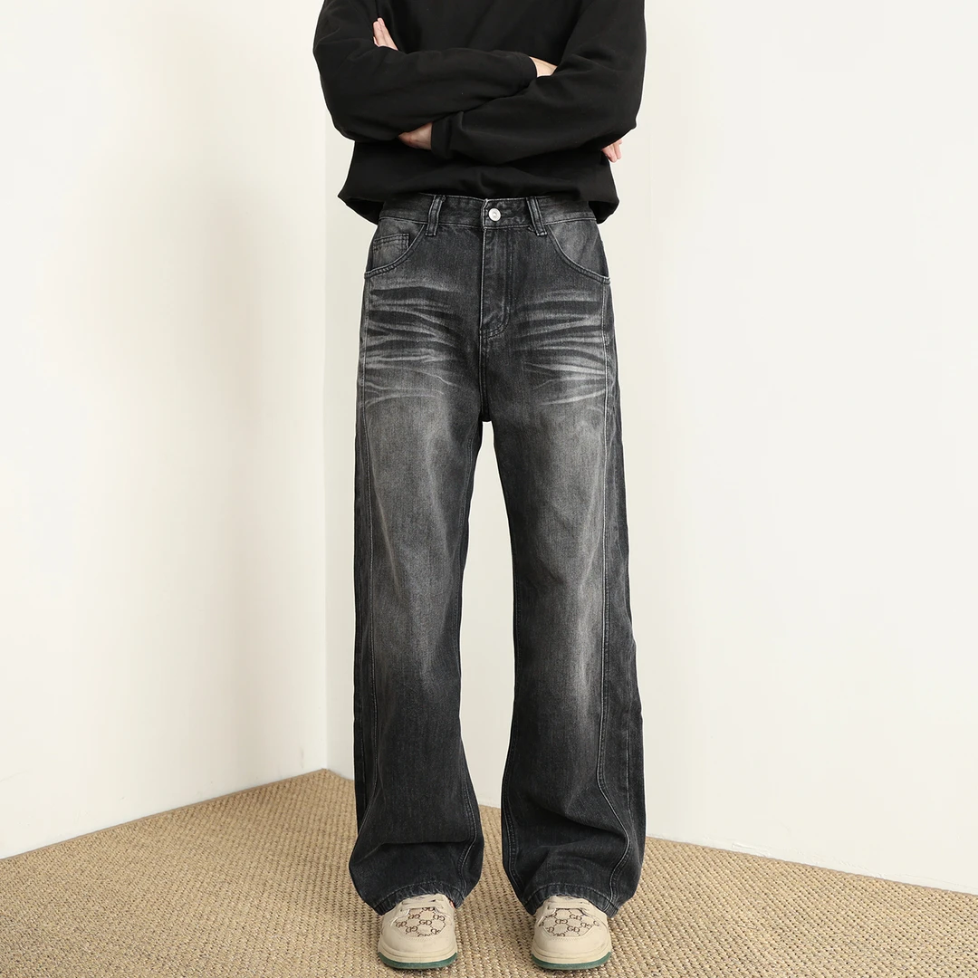 秋冬男款直筒宽松美式牛仔裤水洗黑灰高街潮流复古拼接百搭阔腿裤