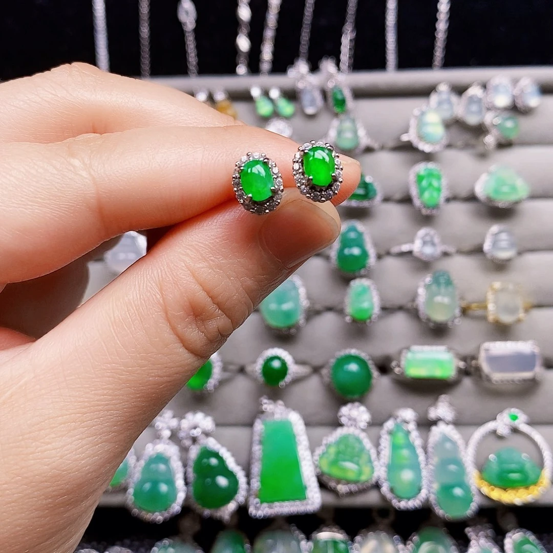 翡翠银S925镶嵌耳饰龙*蛋面