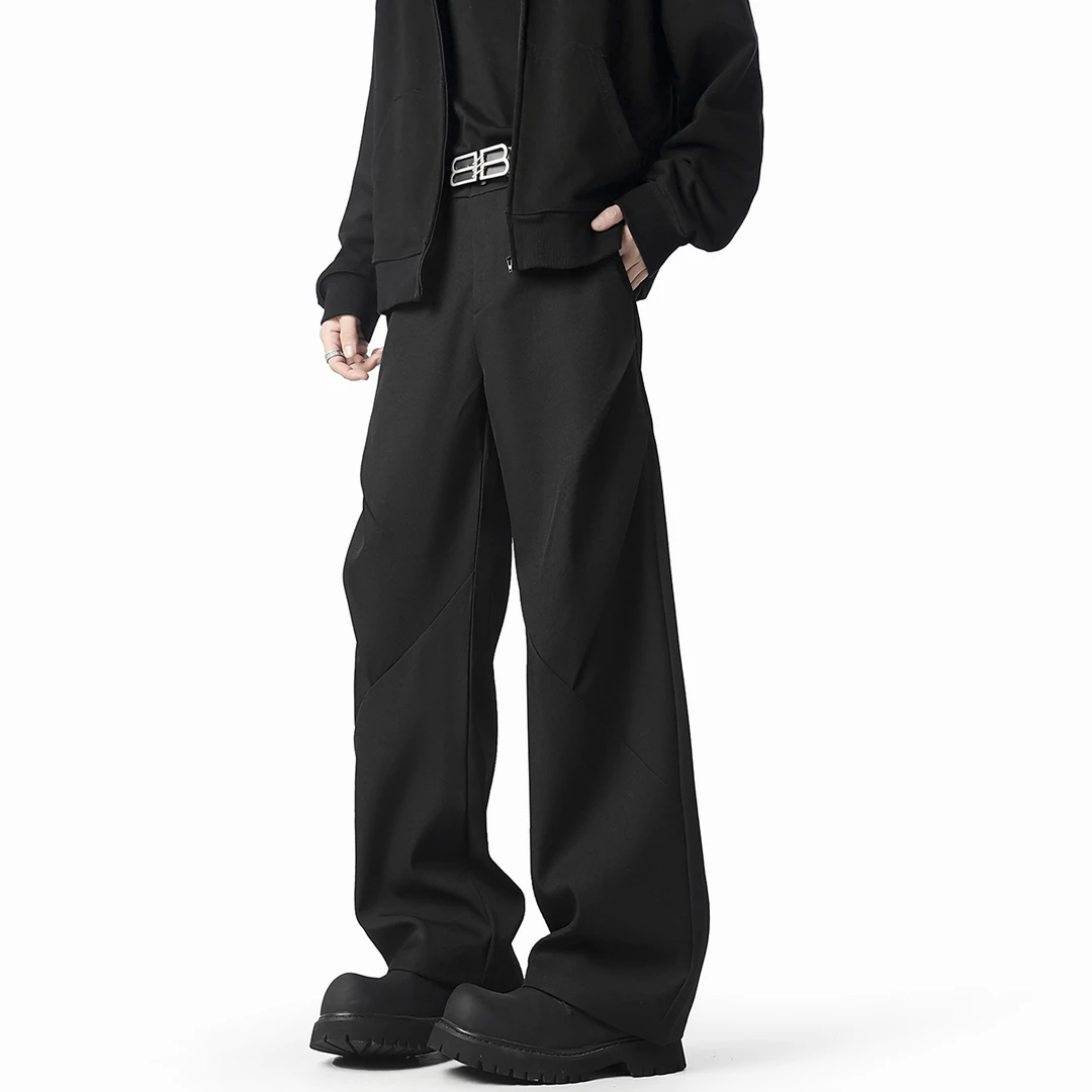 V37不规则褶皱裤子男2025春秋季韩系青少年小清新垂感直筒休闲裤