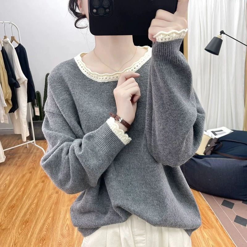 花边领圆领套头针织衫女装秋季大码胖mm宽松减龄百搭打底毛衣上衣