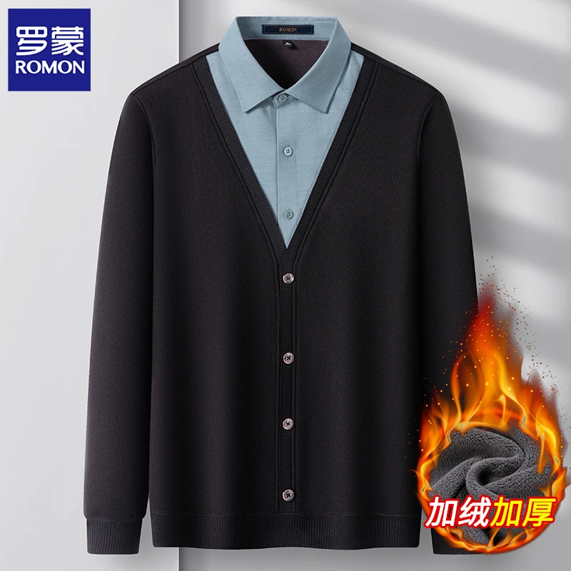 罗蒙轻奢新款假两件男士针织衫冬季衬衫领含绵羊毛衫休闲打底衫