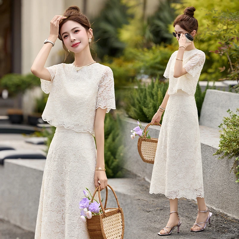 法式小香风蕾丝套装裙女2025夏季新款洋气减龄名媛风半身裙两件套