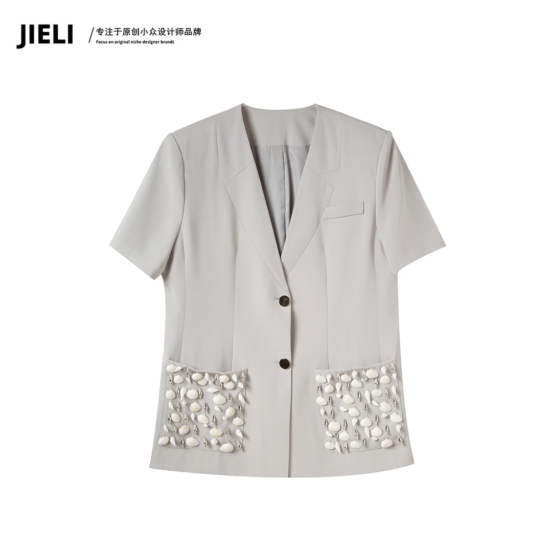 JIE LI/街力高奢原创小众设计师手工定制款灰色西装上衣女T8009