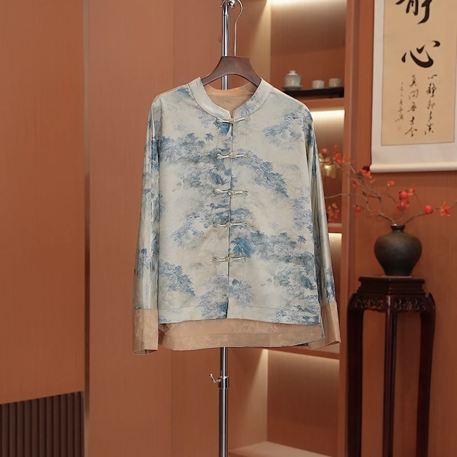 [青色烟雨-香云纱外套]中式暗纹提花香云纱外套