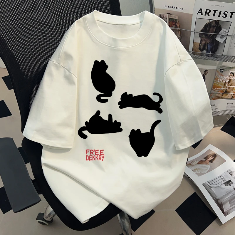 jtrt韩系纯棉圆领短袖t恤男女款夏季百搭设计感创意猫咪宽松上衣