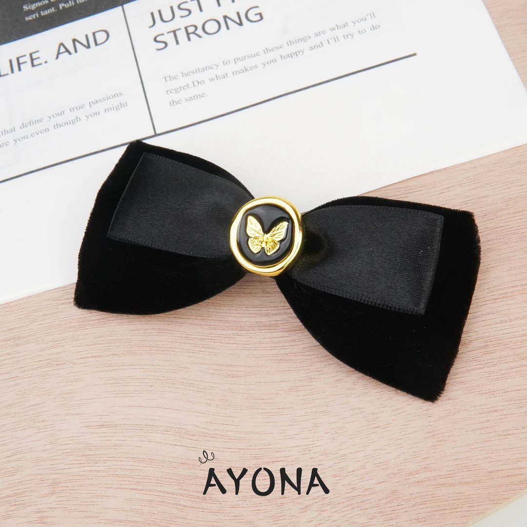 【TH101】秋冬新款真丝丝绒蝴蝶结百搭经典黑色发卡日韩复古头饰
