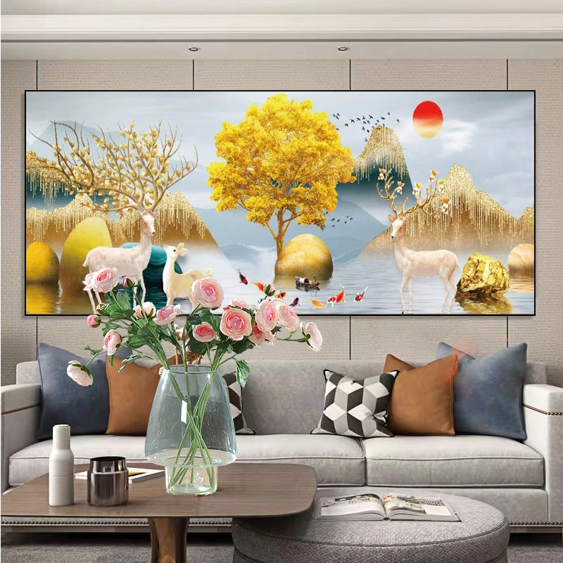 新款满绣十字绣风景画时来运转发财鹿客厅办公室现代简约手工线绣