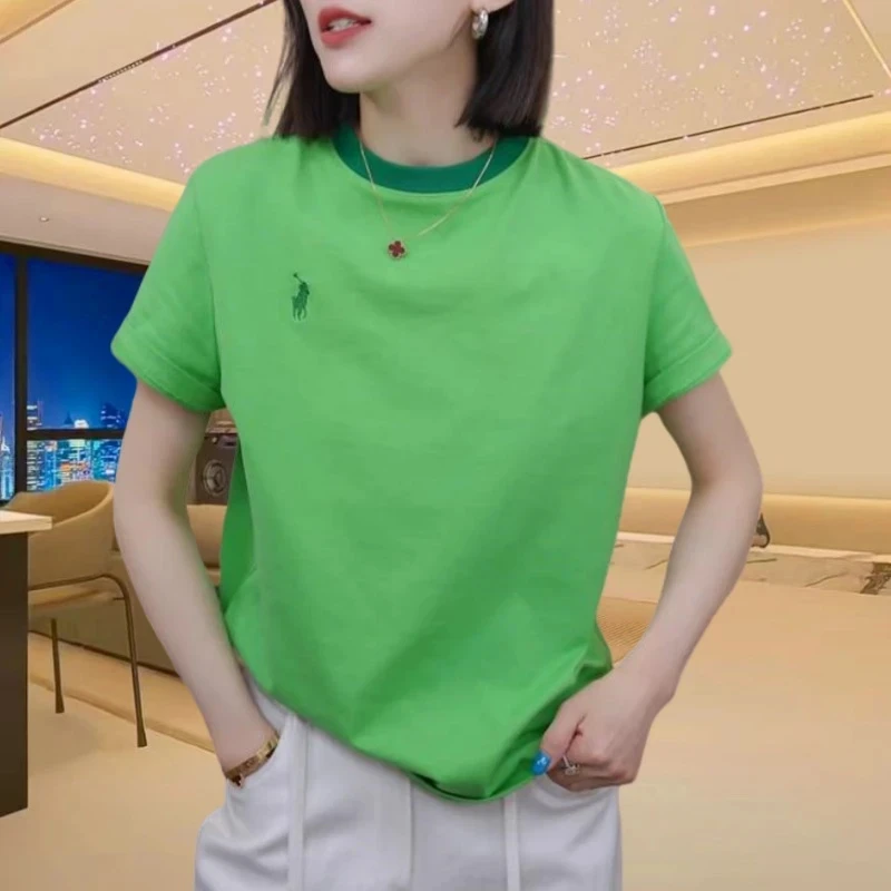 纯棉女装打底衫大码时尚宽松图案刺绣T恤上衣女短袖休闲撞色圆领