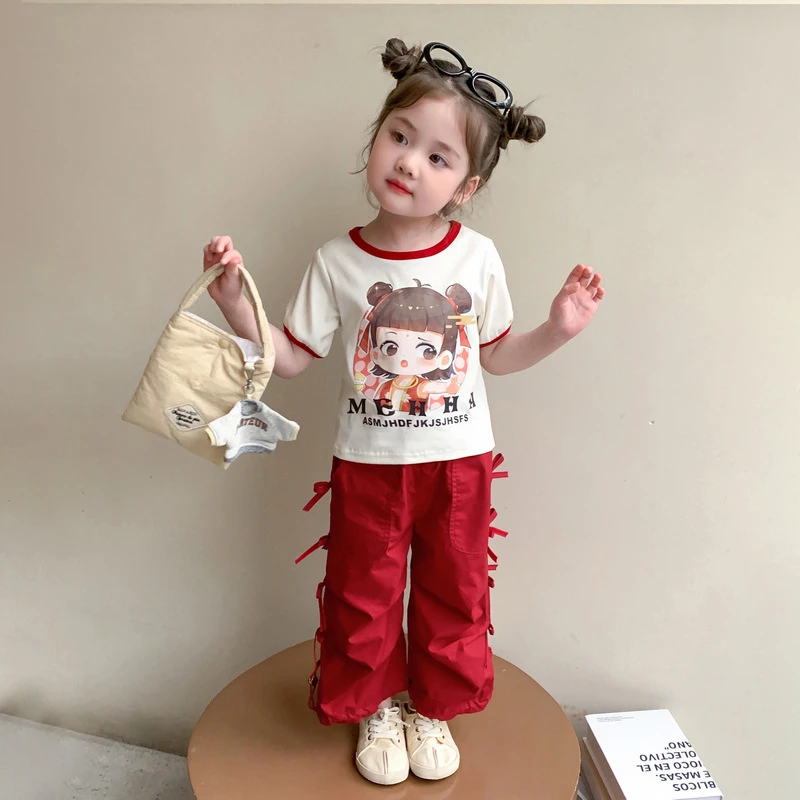 哪吒儿童服装女童夏季套装2025新款夏装女宝宝库洛米短袖阔腿裤子