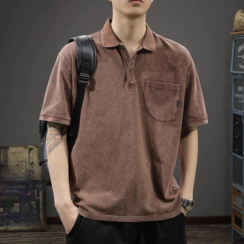 高端复古水洗男士短袖polo衫夏季新款时尚宽松大码半袖体恤美式衫