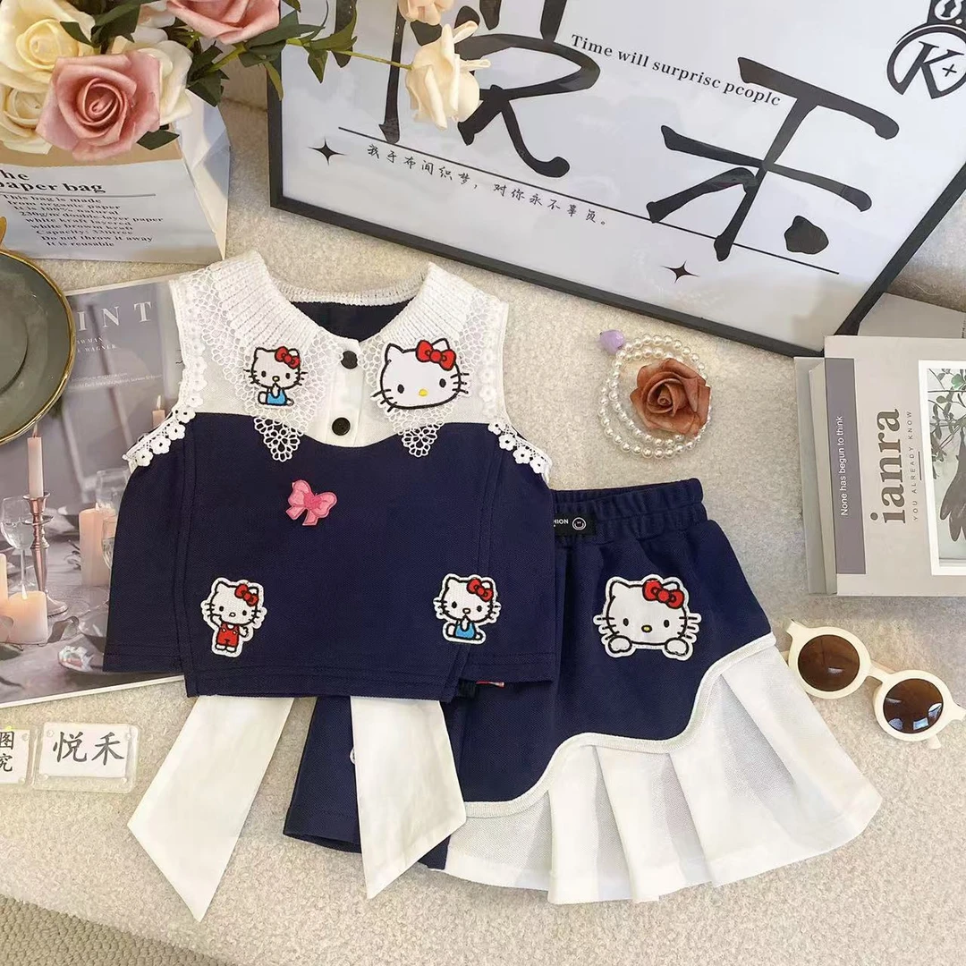 T2新款夏季女童时尚休闲女宝蓝色卷边韩版学院风高级套装80468