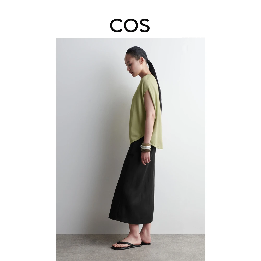 COS女装 休闲版型弧形下摆针织T恤绿色2025年夏季新品1272765002