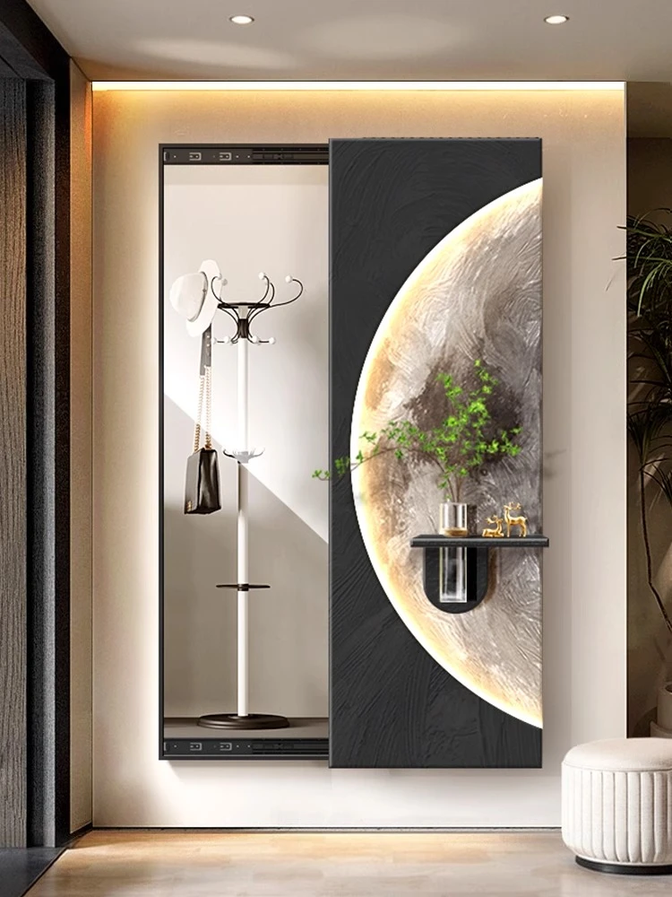 翠影映月 入户玄关推拉镜装饰画全身镜穿衣镜3D水培绿植月球挂画