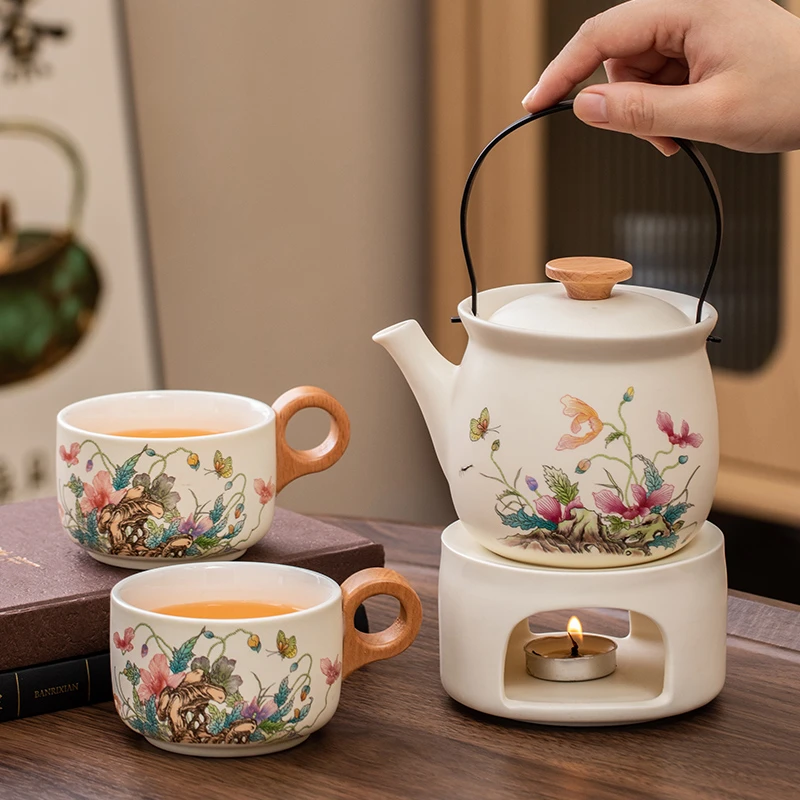 2025新款奶油风温茶器套装蜡烛加热煮茶炉家用陶瓷茶具提梁茶壶杯