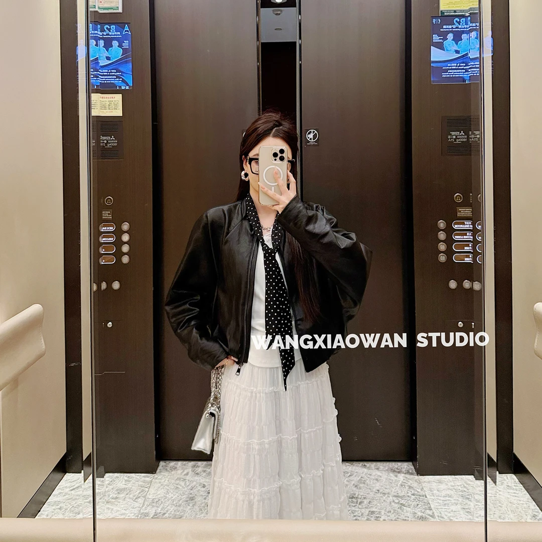 蝙蝠袖皮衣外套女2025秋季新款韩版宽松休闲百搭气质夹克丝巾上衣