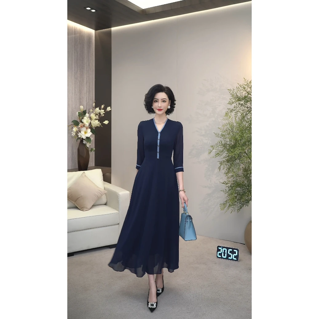 2025夏季新款高奢莱赛尔冰羽纱藏蓝色V领高雅气质连衣裙WF3199