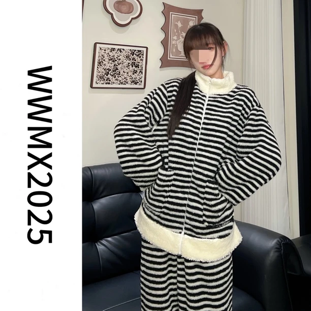 情侣白黑条纹冬季宽松甜美加绒加厚保暖拉链可外穿睡衣家居服套装