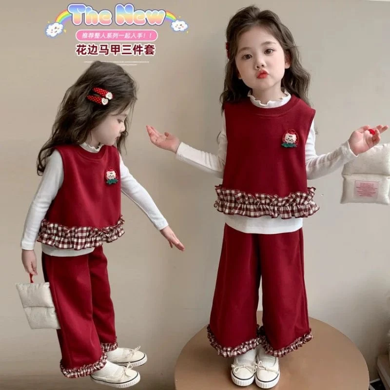 女童秋款套装马甲三件套2025新款可爱洋气甜美小公主长袖格子套装