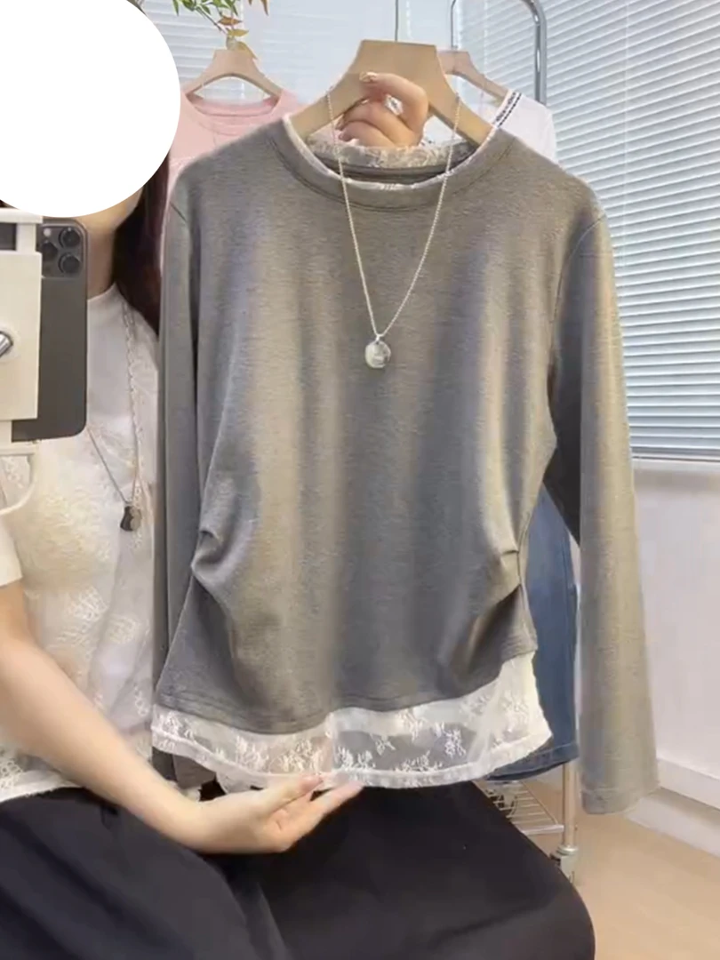 显瘦打底衫长袖t恤女装秋季2025新款假两件蕾丝拼接上衣时尚洋气