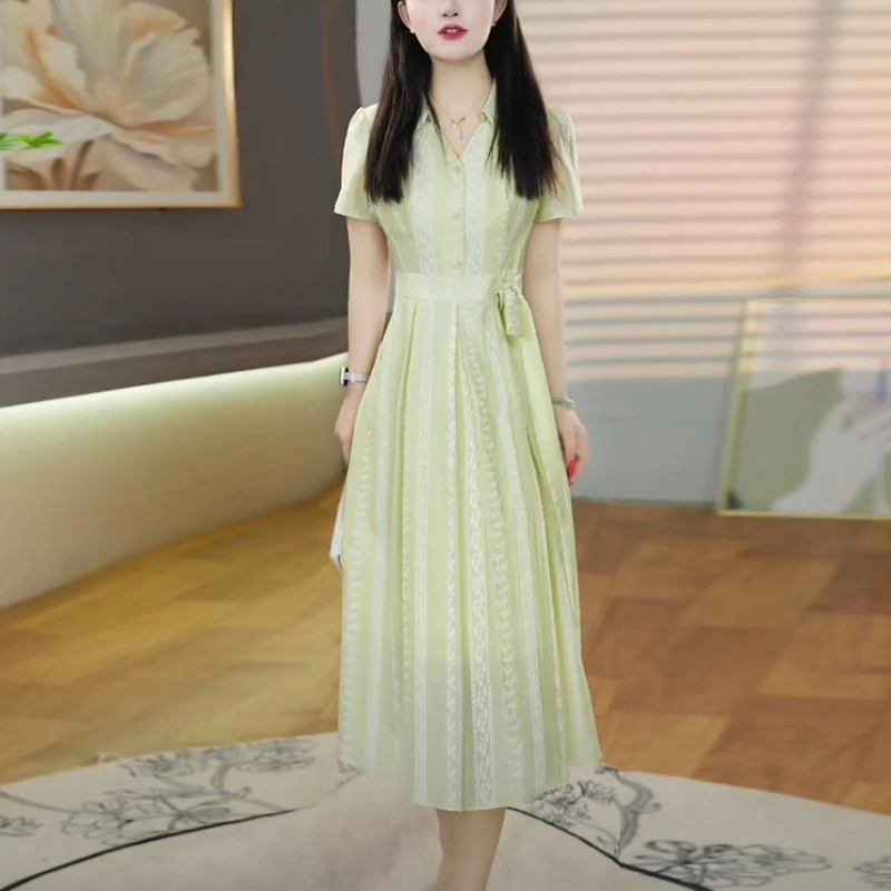 轻羽丝温婉大方衣服2025夏季新款时尚洋气质减龄收腰显瘦连衣裙子