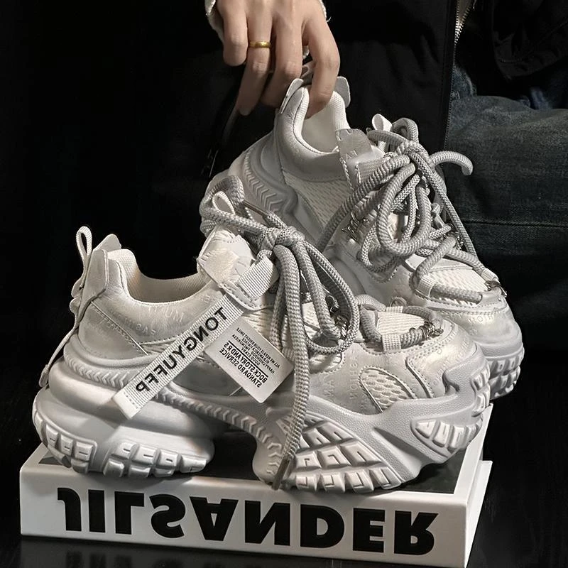 欧货真皮复古做旧网面松糕厚底老爹鞋女百搭小个子增高休闲运动鞋