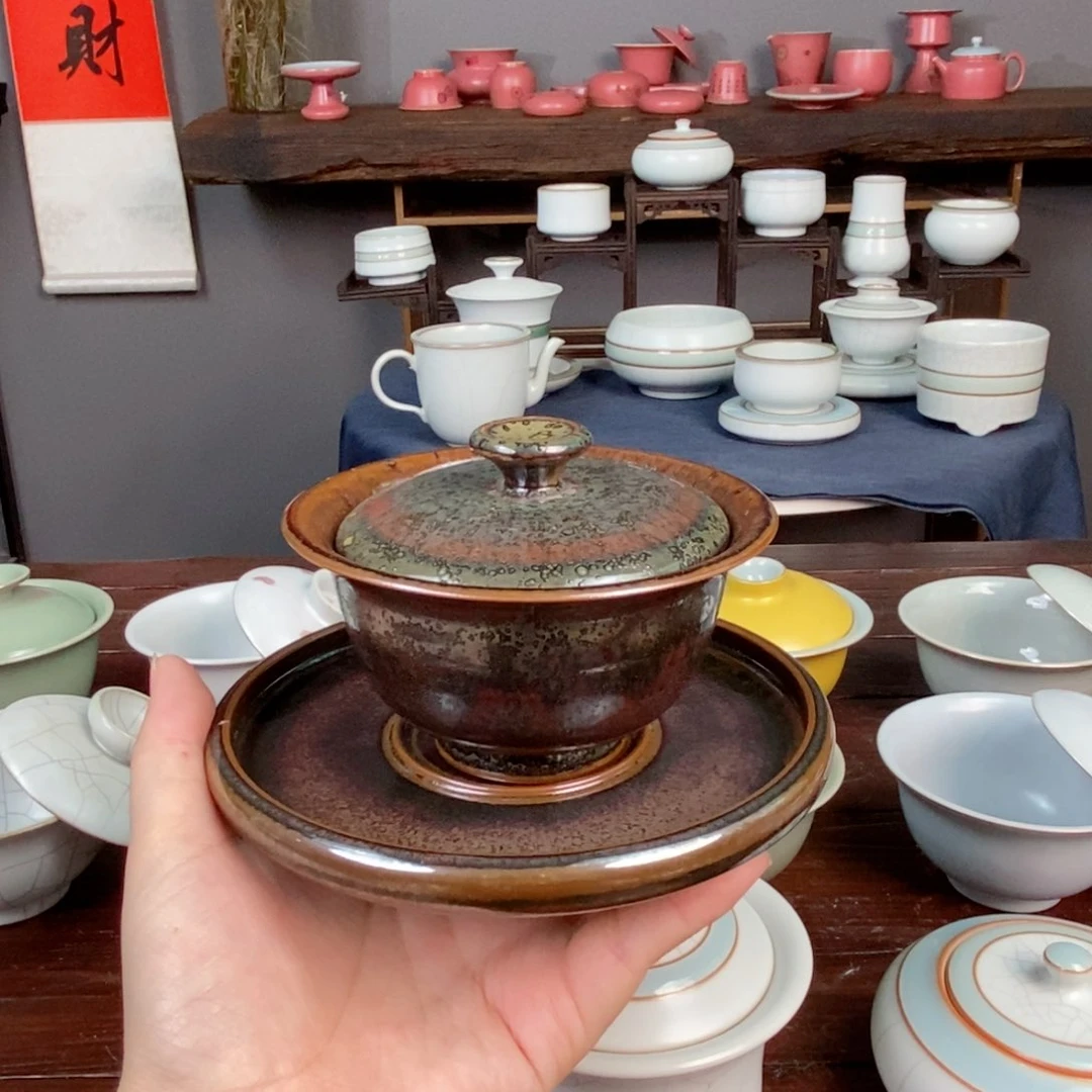 朱砂胎结晶釉三才元宝盖碗 开片
