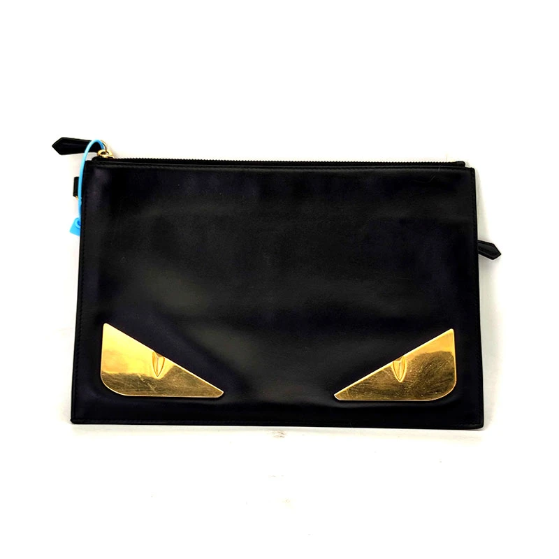 95新 FENDI/芬迪 金属小怪兽眼睛 小牛皮 黑色手拿包