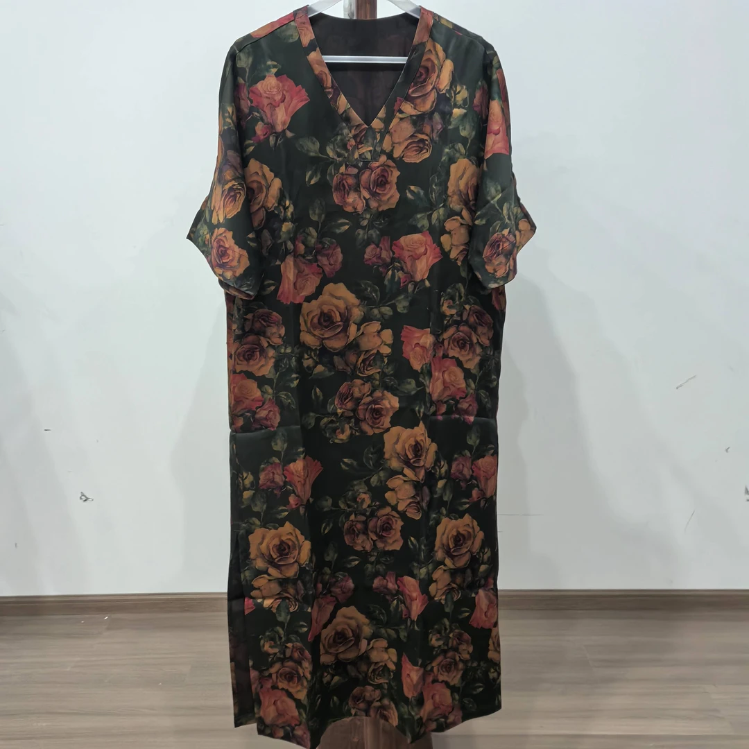 【QC565】香云纱长款百搭春夏提花新中式复古休闲连衣裙