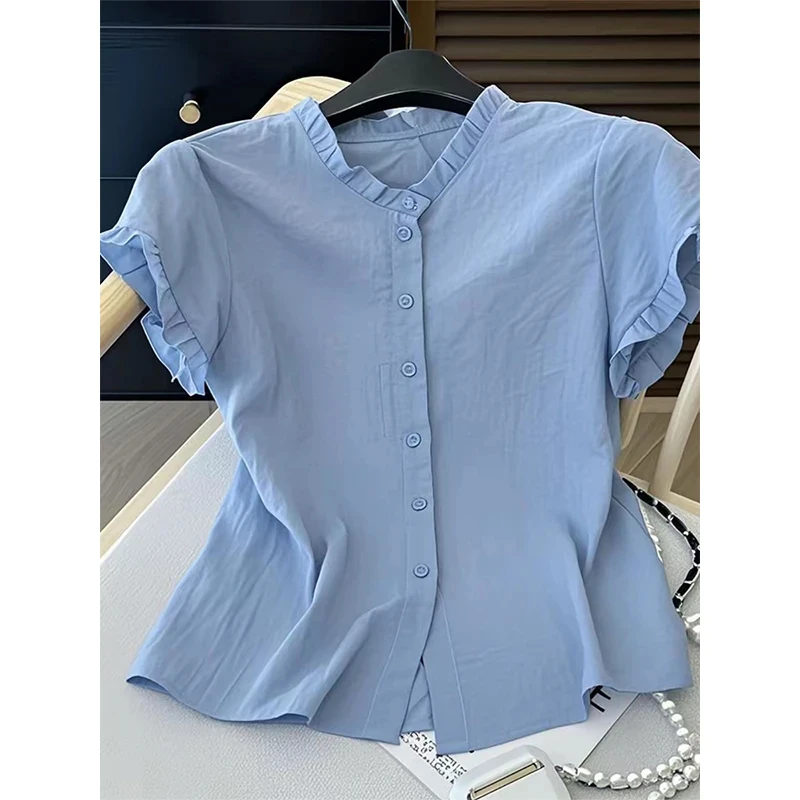 2025年夏季新款洋气小衫时尚百搭上衣女款独特多巴胺纯色短袖衬衫