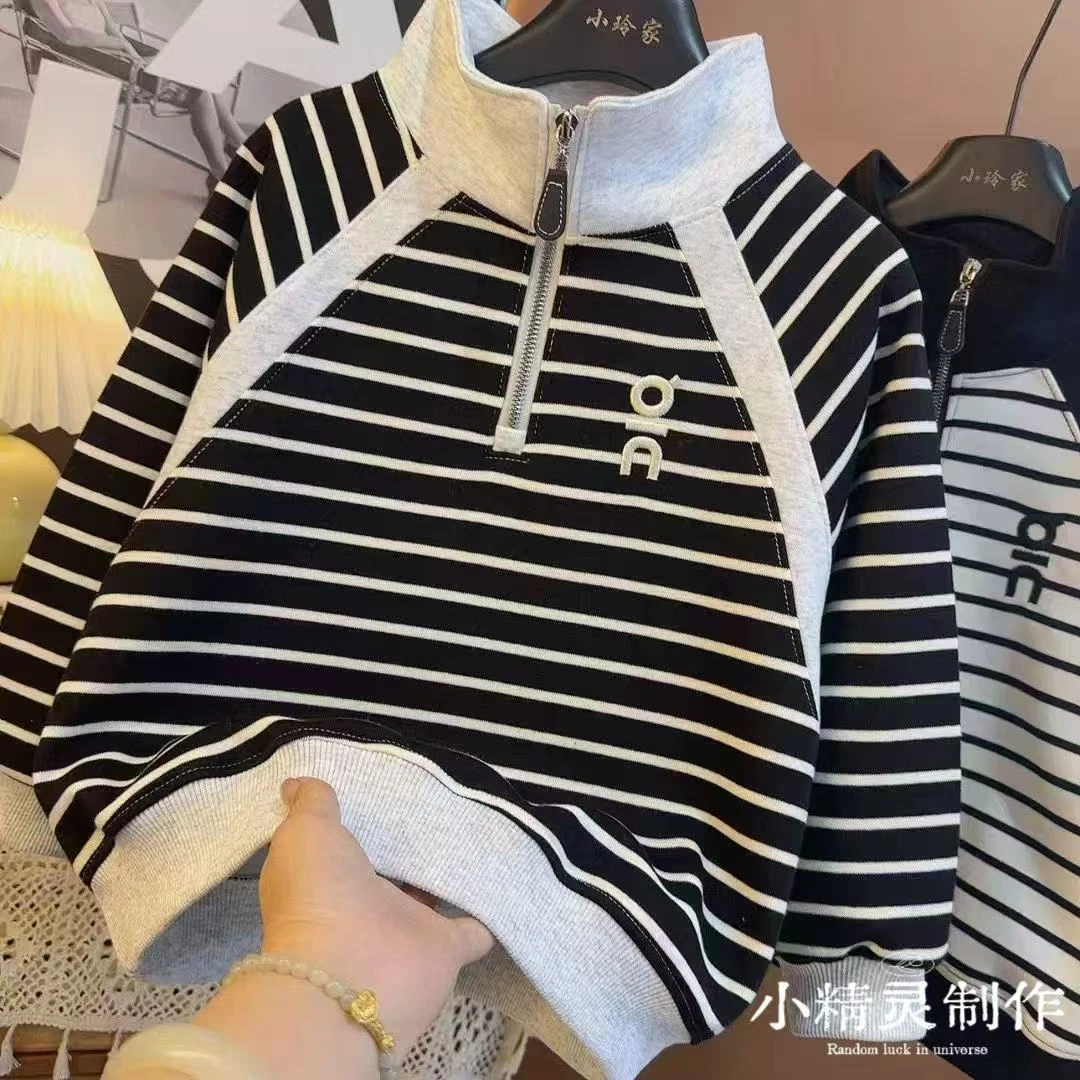 春秋款上衣2025新款洋气条纹字母设计中大童拼接百搭卫衣潮XX9526