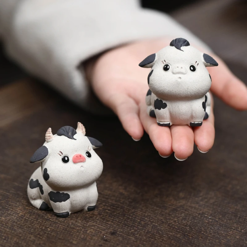 紫砂茶宠小奶牛摆件生肖牛雕塑创意茶具茶玩家居茶道配件可养装饰