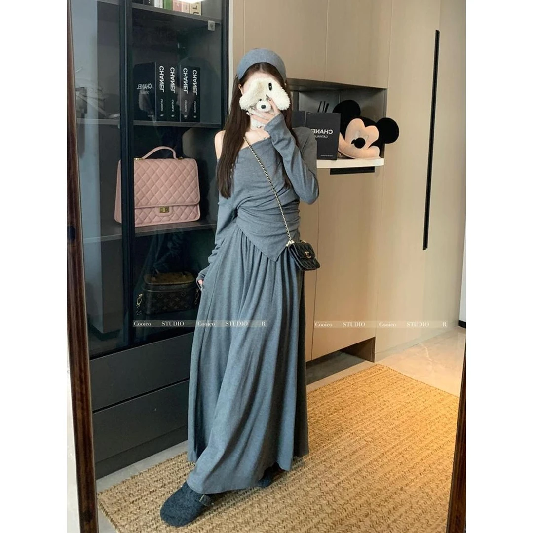 覆古辣妹不规则斜肩长袖T恤高腰半身长裙女2025秋季新款时尚套装