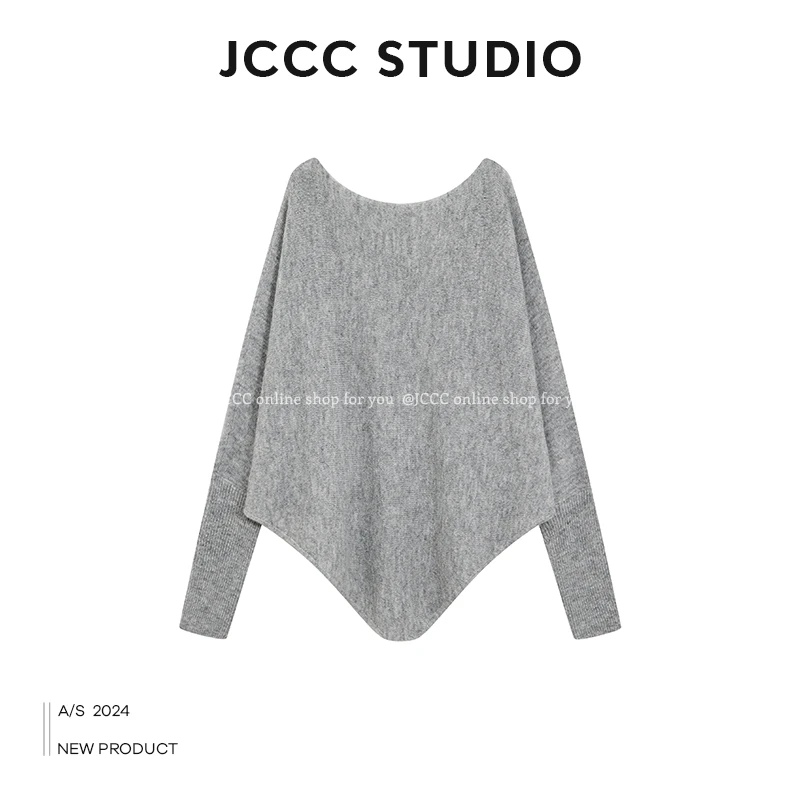 JCCC影子 灰色绵羊毛蝙蝠袖露肩收袖针织毛衣JE4IZS12