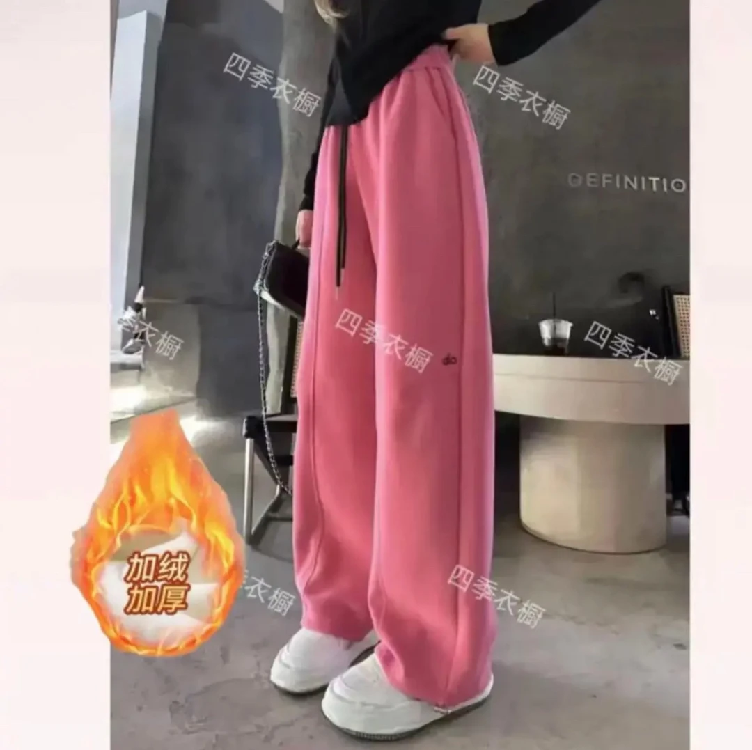 （小个子）C秋冬加绒加厚高腰显瘦时尚百搭一裤两穿弯刀阔腿裤-