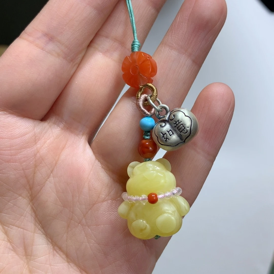 蜜蜡手链足银镶嵌手机挂