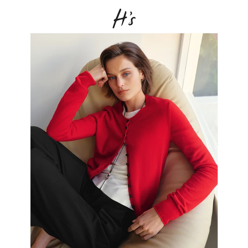 HS红色针织开衫女26春季新款高级设计感圣诞新年绵羊毛毛衣上衣
