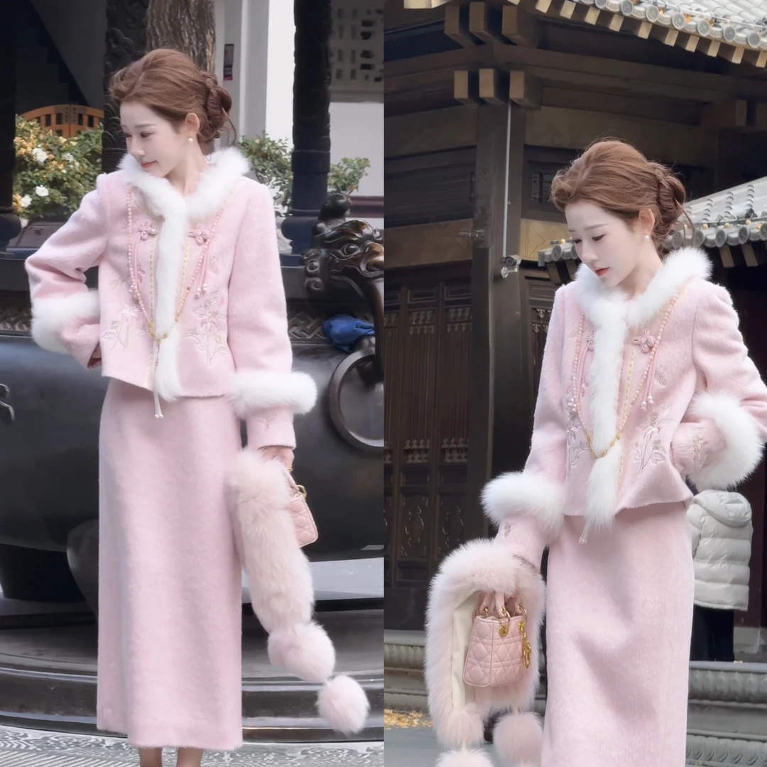 【婷婷】《水宫仙》 浅粉色温柔贵气！刺绣羽绒狐狸毛套装TT2SDTH2688