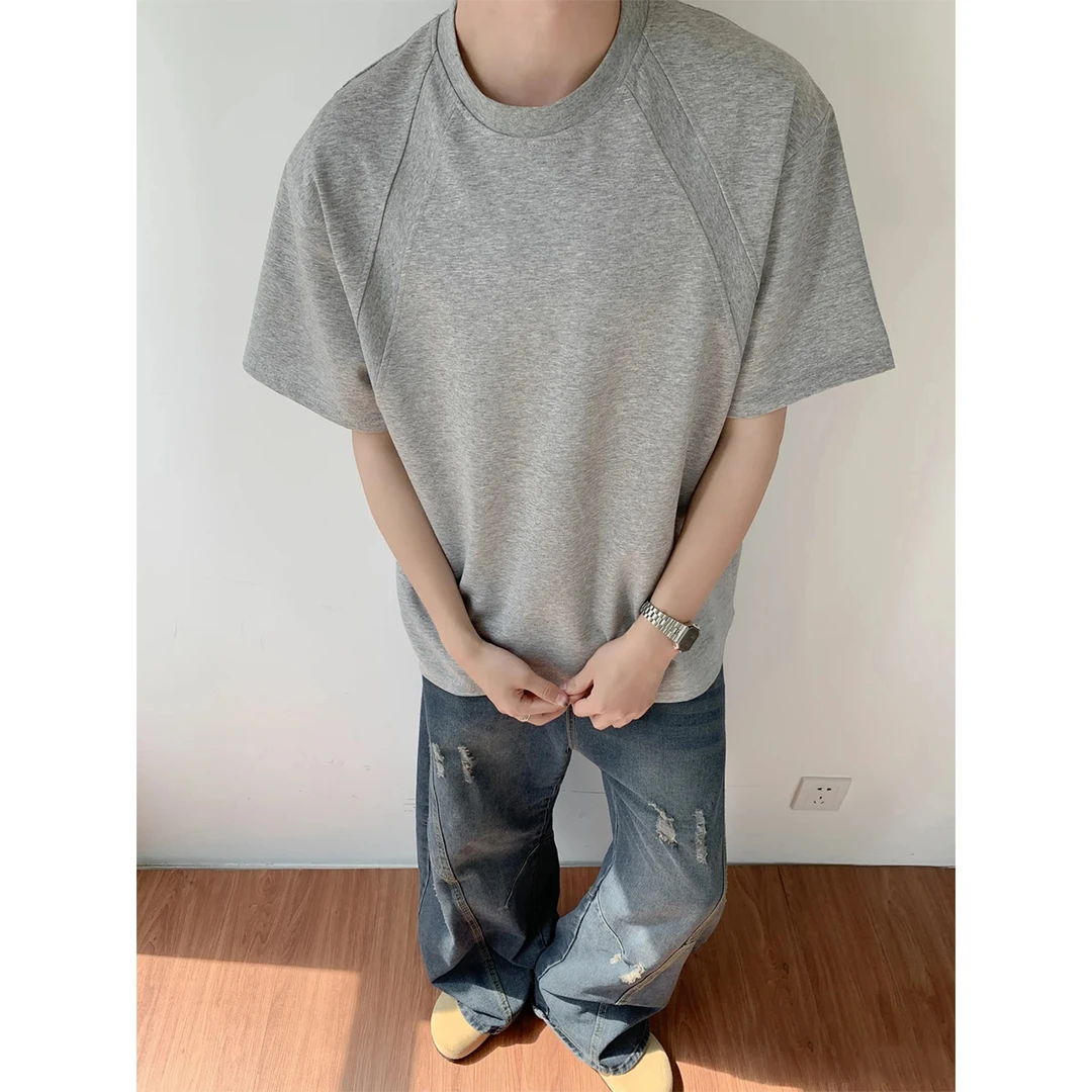 美式高街风拼接短袖T恤男春夏季潮牌个性痞帅纯棉设计感圆领上衣