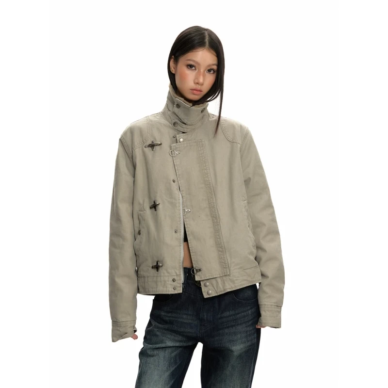 美式复古飞机扣设计感加绒翻领夹克女vintage做旧棉服外套男冬季