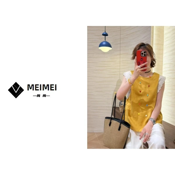 XMM.【花边亚麻上衣】时尚百搭夏国风圆领蕾丝边提花休闲HB66856348