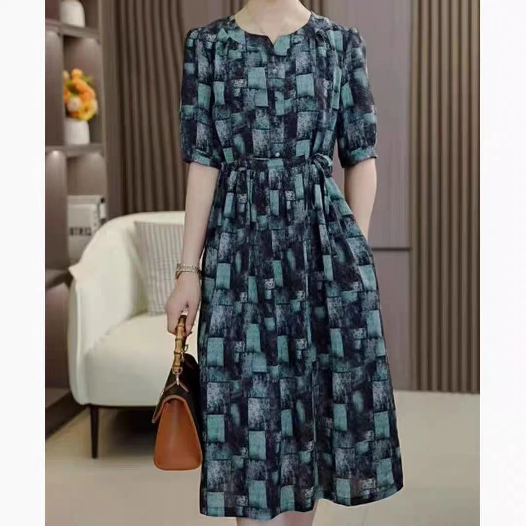 《辰希》7.20墨绿方块格纹时尚夏季收腰女装连衣裙