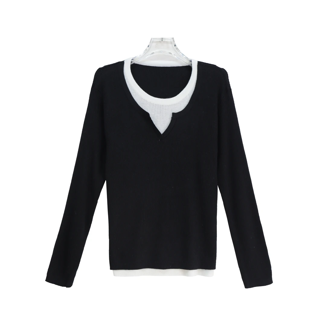 新款假两件慵懒感别致撞色显瘦绵羊毛针织衫X26909