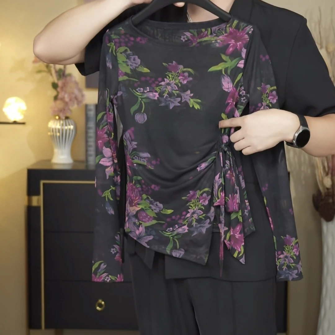【深庭花影】优雅轻熟风花朵绑带长袖T恤2025女秋季新款百搭上衣