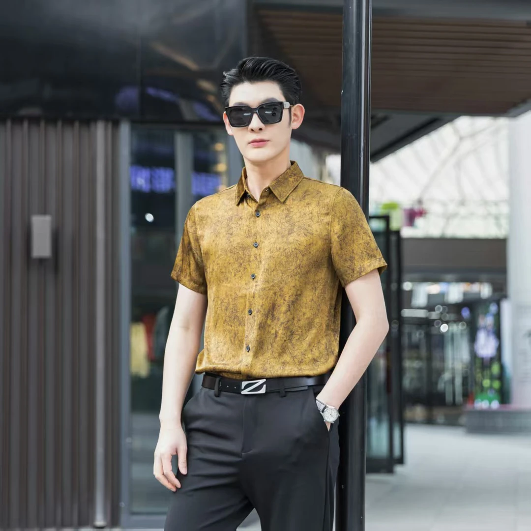 【桑蚕丝】男士气质时尚夏季半袖印花宽松休闲翻领衬衫显瘦潮流