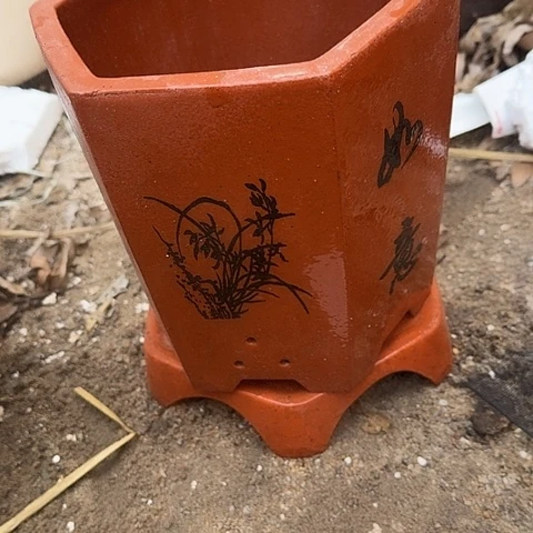 紫砂红如意六方小号加托花盆花盆