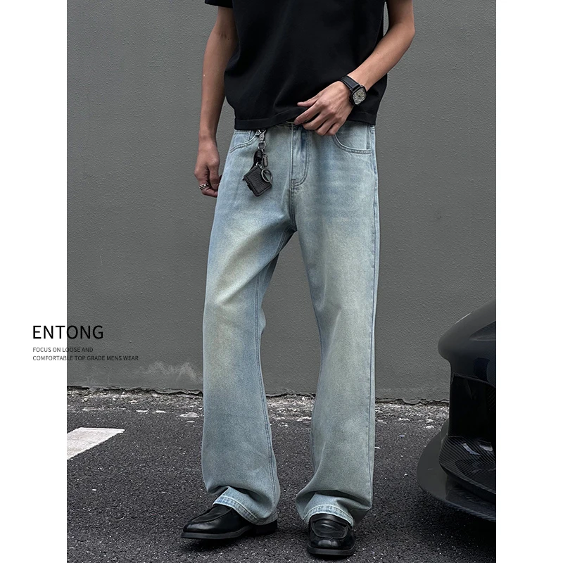 Entong美式潮牌宽松水洗微喇牛仔裤男生显瘦cleanfit百搭直筒裤子