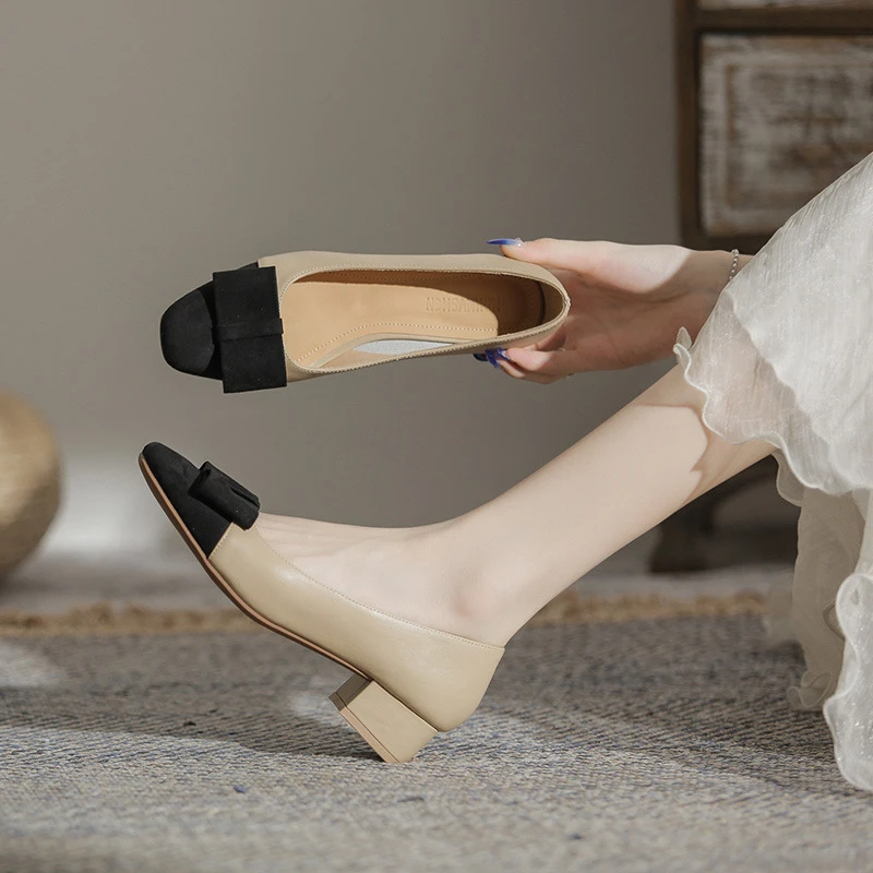 2025春秋新款高跟女鞋舒适欧美大饰扣时装妈妈方头单鞋韩版工作鞋
