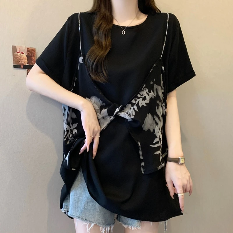 大码设计感假两件短袖衬衫女夏季新款微胖MM宽松显瘦百搭洋气上衣